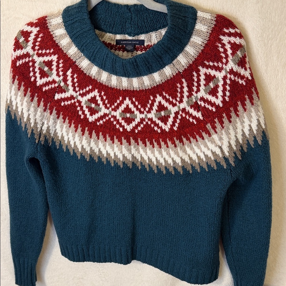 American Eagle Outfitters Women's Teal and Red Geometric Sweater
